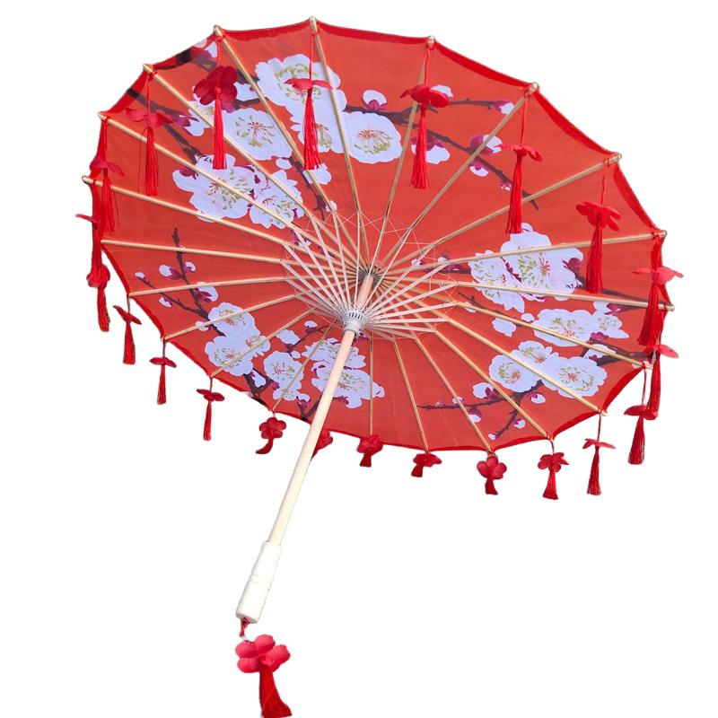 1PC Umbrella 70/82CM Oil Paper for Women Girl Performance Photo Props Antique Umbrella Parasol Satin Cloth Tassel