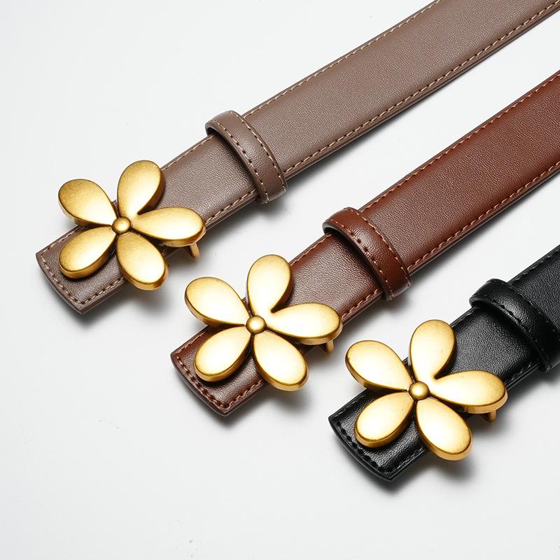 Women's Belts Flowers Fashion Decorative Belt Women's Decorative Dress Black Two-layer Cowhide Belt