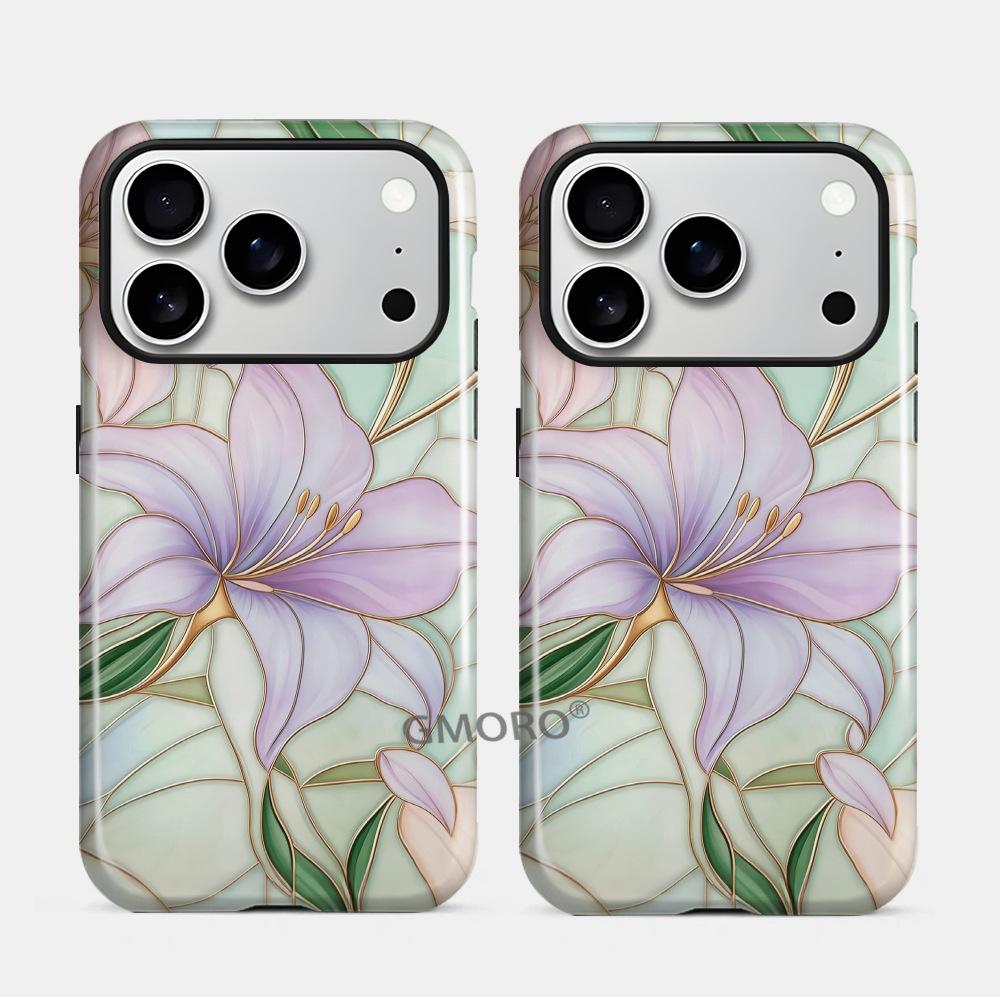 New Chinese gold-painted lily illustration mobile phone case iPhone15 bright two-in-one film case Apple 17 anti-drop