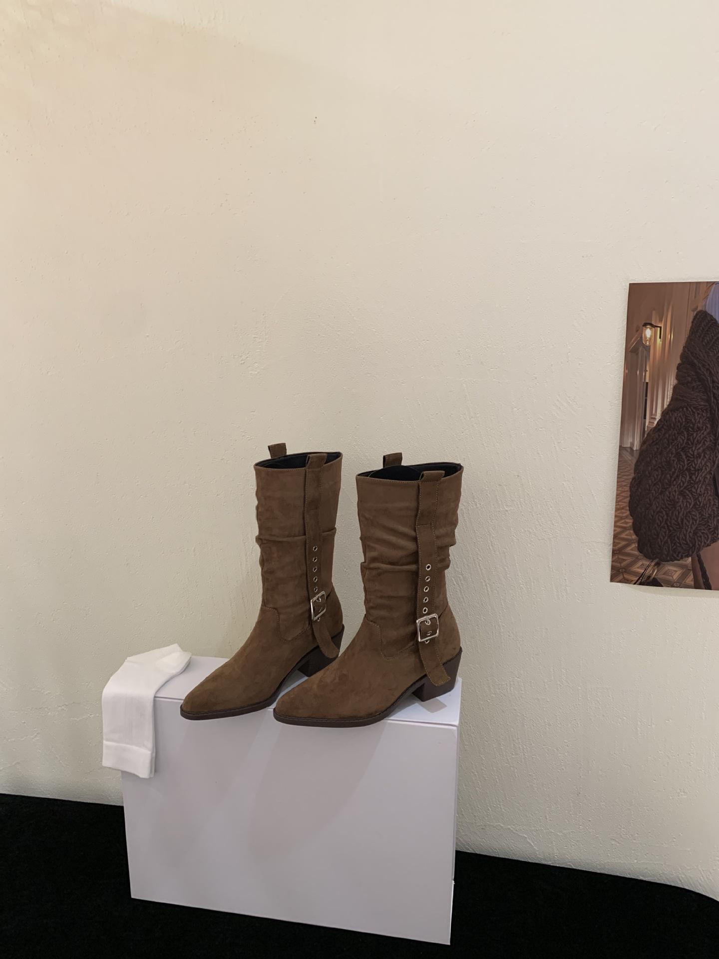 

European and American retro Maillard thick-heeled short boots pleated piled boots women s 2025 autumn and winter new western mid-tube knight boots 39 коричневый