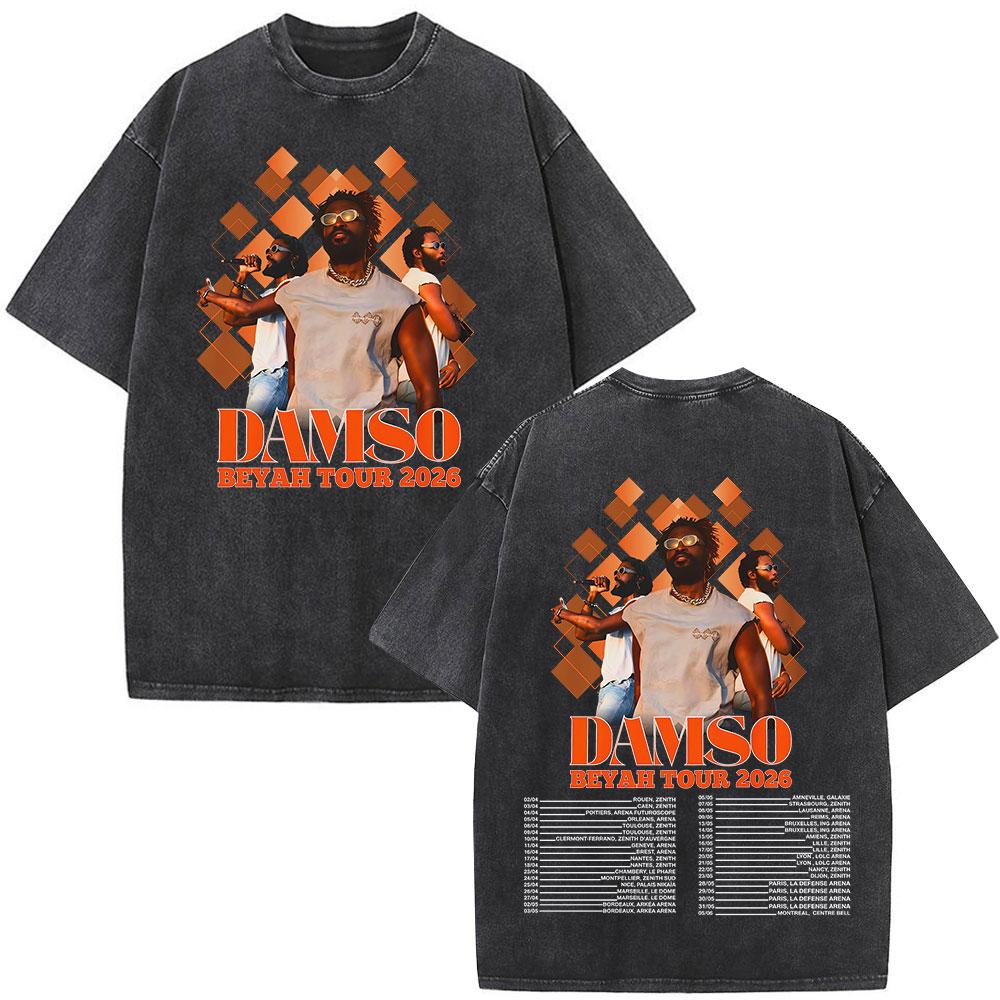 Vintage Spierane Koszulki Rapper Damso Beyah Tour 2026 Mężczyźni Kobiety Odzież Moda Hip Hop Krótki Rękaw Okrągły Dekolt Koszulki Streetwear