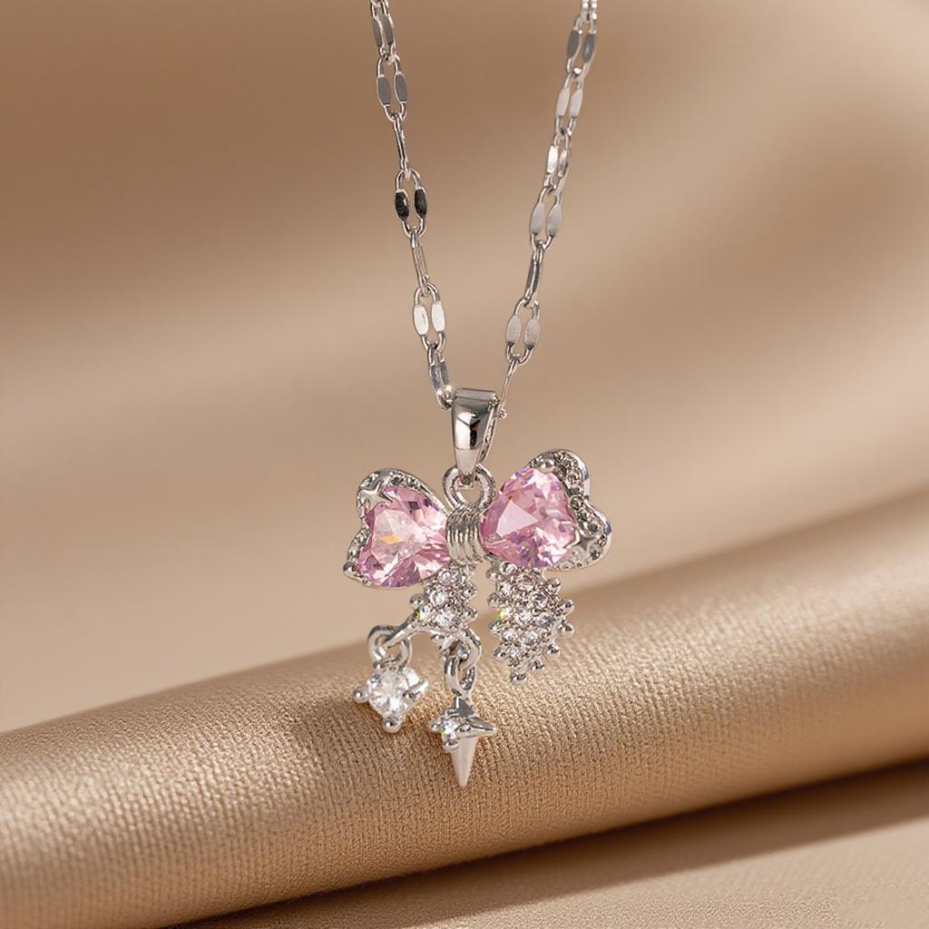 Light‑Luxury Sweet Pink‑Zircon Bow Micro‑Inlaid Women Necklace, Exquisite Versatile Sweet‑Cool‑Vibe Collarbone Chain