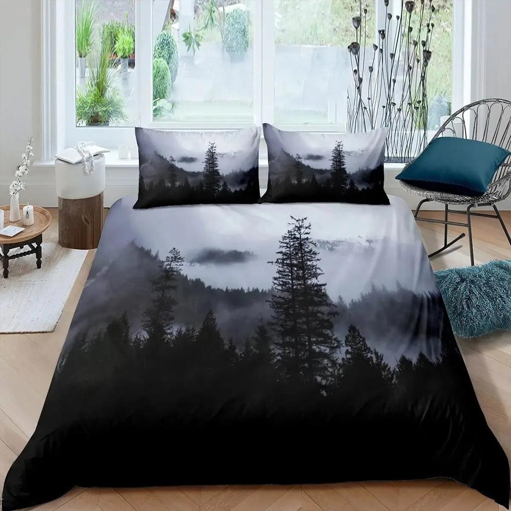 Comforter Smoky Mountain Misty Forest Bedding Set Full Queen Size Grey Trees Natural Scenery Art Comforter