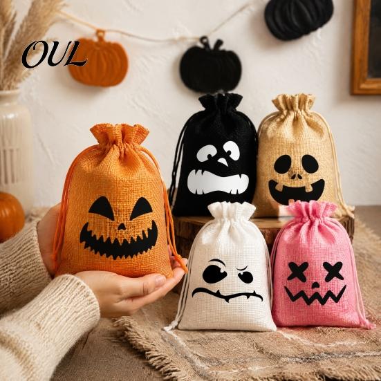 Reusable Halloween Decor 5Pcs Candy Bags with Drawstring, Funny Ghost Pumpkin Print Gift Pouches for Party Favors And Trick or Treat Sacks, Decorative