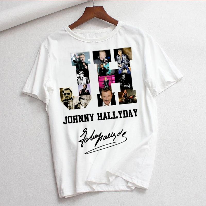 Johnny Hallyday Print T Shirt Women White and Black Shirts Fashion Round Neck Short Sleeve Cotton TShirt