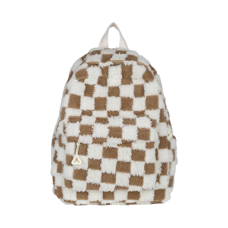 School Bag, Autumn and Winter New Plush Checkered Backpack, Women's Versatile Student Backpack, Casual Fashion Travel Large-capacity Backpack