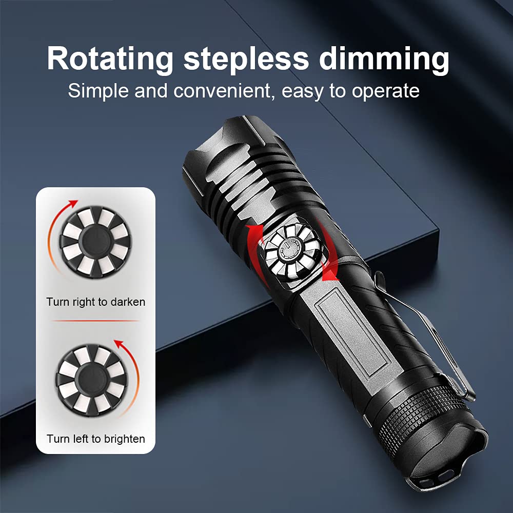 USB Rechargeable LED XHP99 8000 Lumens Tactical Flashlight with 4 Modes of Stepless Powerful Handheld Torch Light for and Emergency Situations