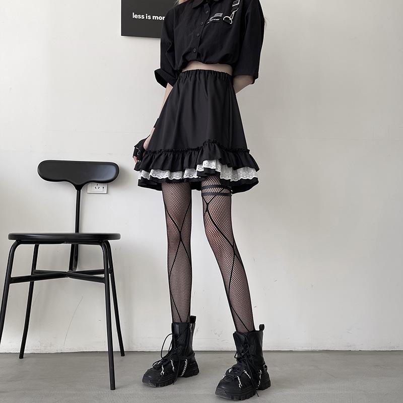 Short Skirt Dark Gothic Female Student A-line Pleated Skirt High Waist Skirt Lace