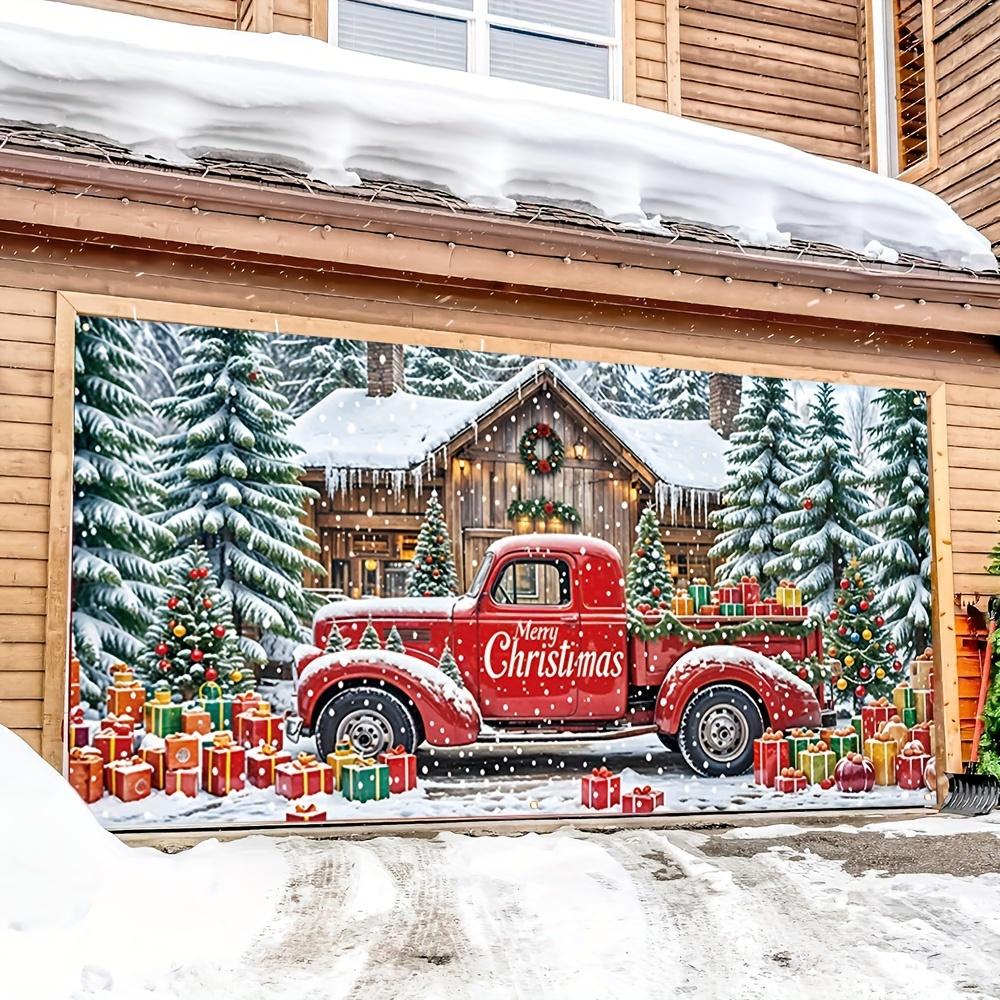1pc Holiday Polyester Christmas Garage Door Cover Banner - Red Truck and Cabin Design  Multi-purpose Outdoor Flag