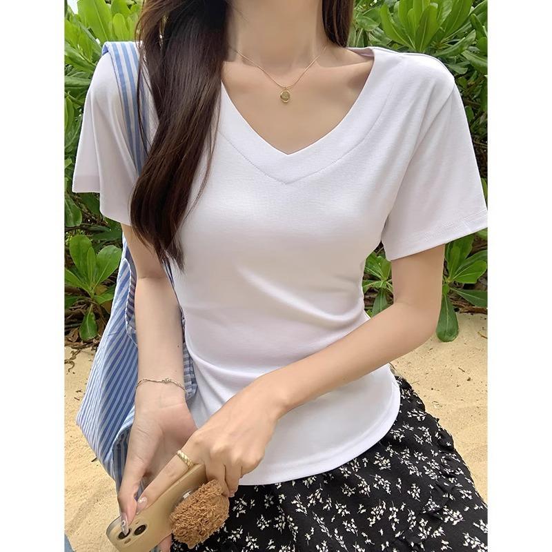 Black v-neck right shoulder short-sleeved T-shirt for women pure desire slimming hot girl low collar exposed collarbone half-sleeved summer top