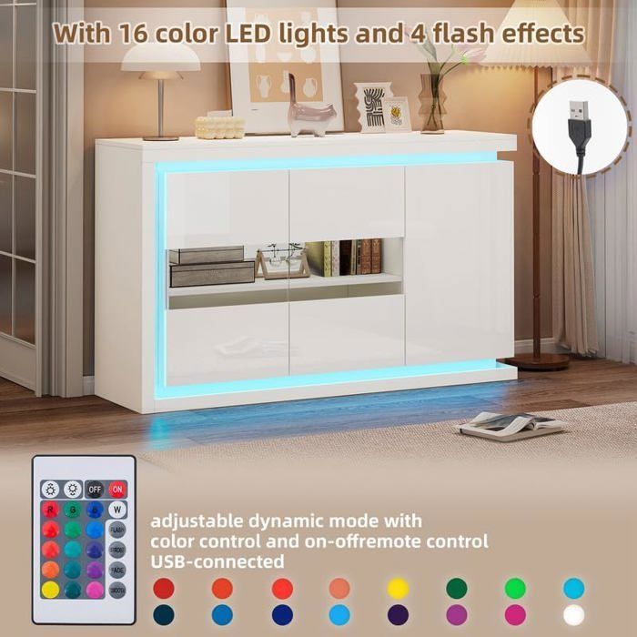 Low Sideboard - LEMONBEST - 140 X 40 X 84 Cm - 3 Doors - Remote-controlled LED - Glossy White