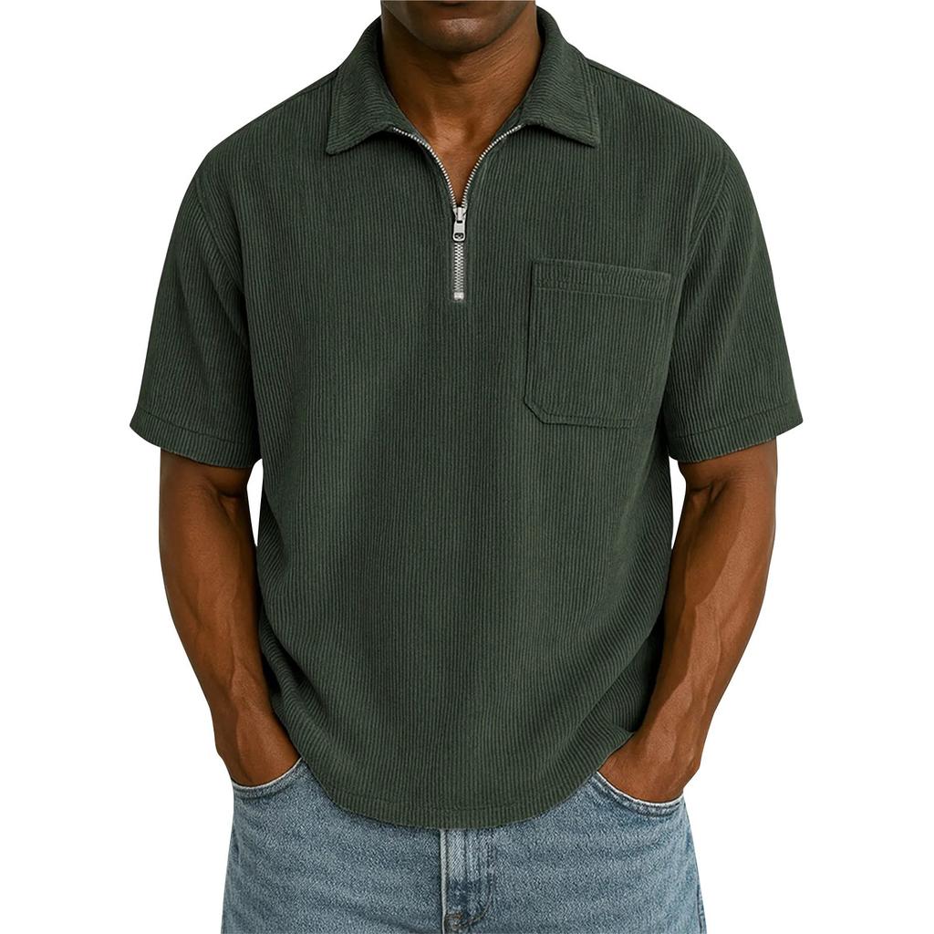 Men's Summer Solid Color Zipper Pocket Lapel Loose Short Sleeve Top
