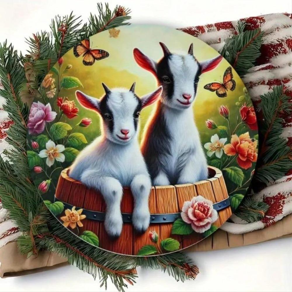 UV Resistant Waterproof Goat Theme Metal Tin Sign Circular Wall Art for Home Cafe Garden Decor