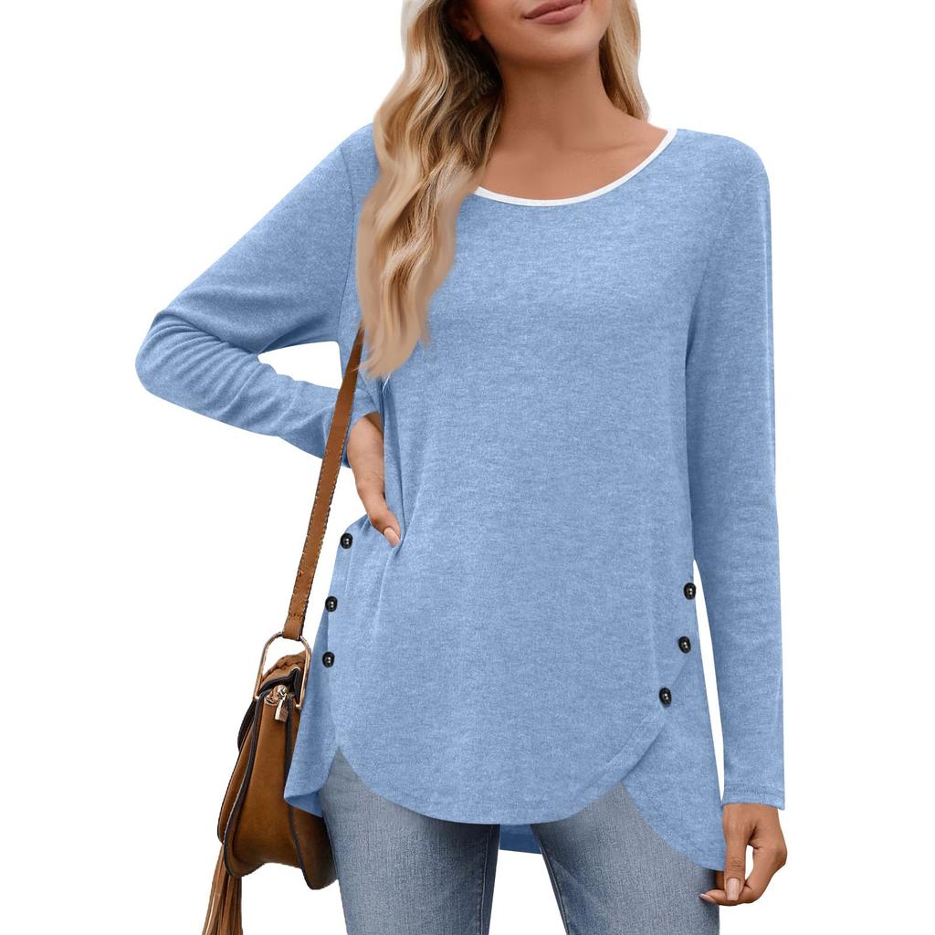 Women's Fashion Casual Solid Color Round Neck Long Sleeve Button Tops On Both Sides