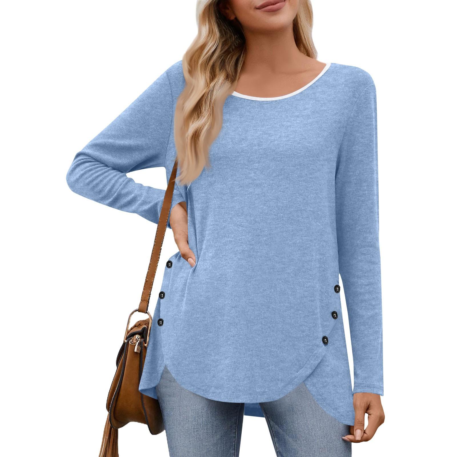 

Женская мода Повседневные однотонные топы с круглым вырезом и длинными рукавами на пуговицах по бокам XXL