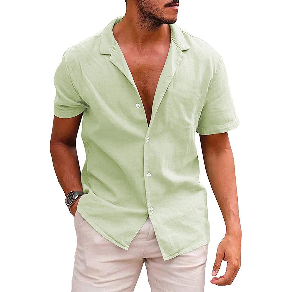 Chemise d'été à manches courtes en coton et lin pour homme avec col rabattu