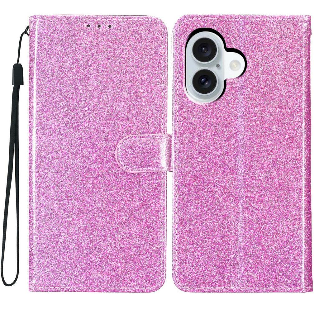 For iPhone 17 Wallet Case Glitter Anti-Scratch Leather Stand Phone Cover with Strap
