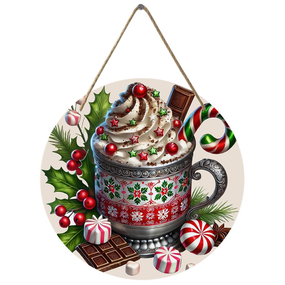 Festive hot cocoa theme holiday sign Round Wooden Hanging Plaque home wall decor vintage Christmas kitchen ornament party gift supplies