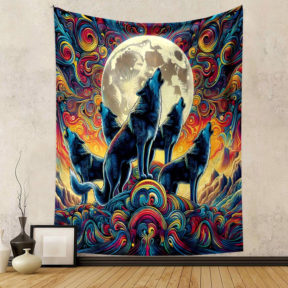 Colorful Wolves Howling At Full Moon Patterned Tapestry Home Decor, Suitable for Bedroom and Living Room, Gift