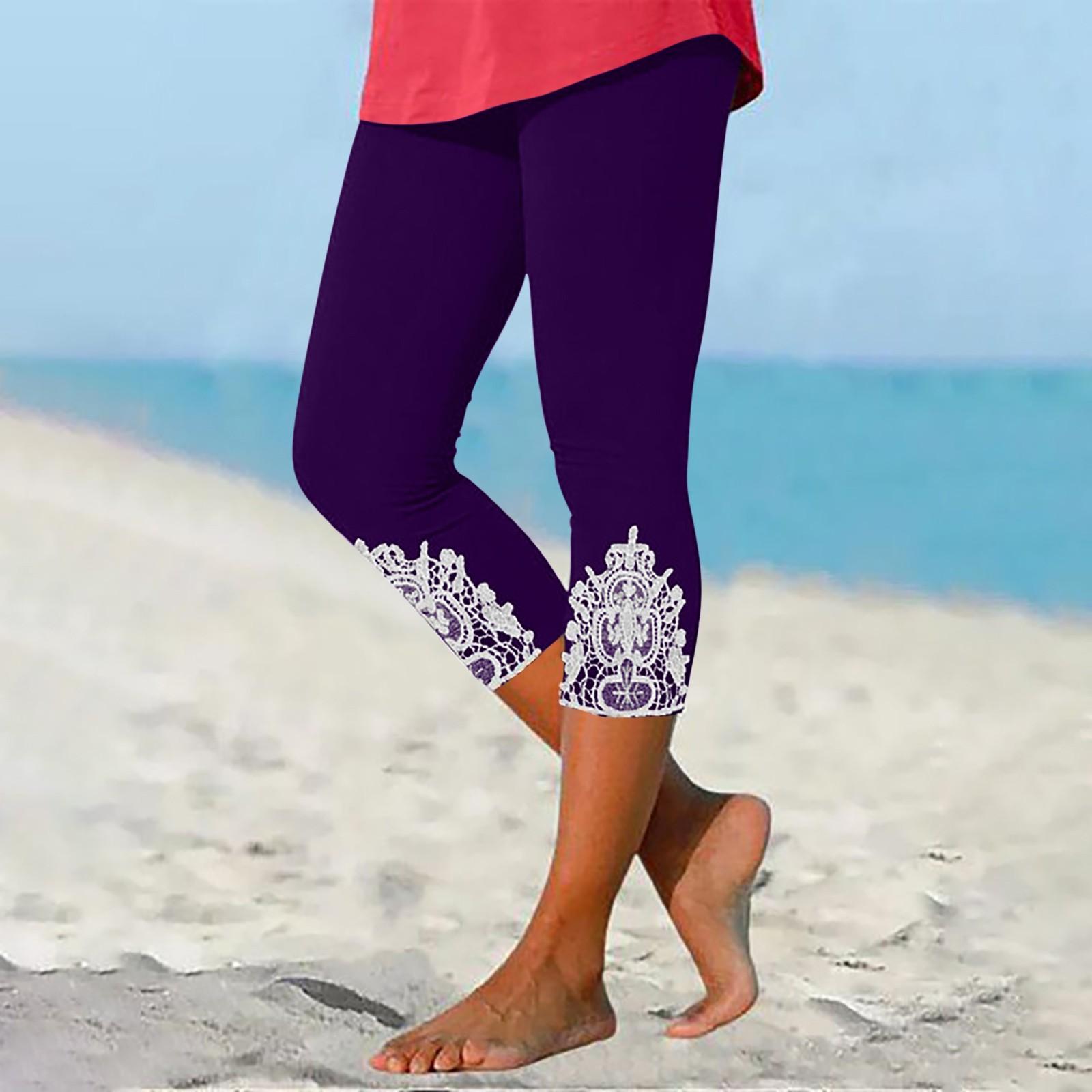 

Брюки для женщин, эластичные кружевные леггинсы длиной 3/4, повседневные спортивные штаны для бега, тренировки, йоги XXL фиолетовый