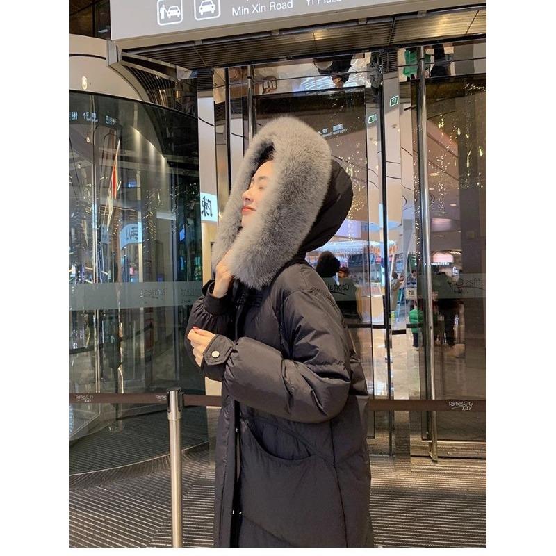 Long Over-the-knee Hooded Down Cotton Coat for Women Winter Big Fur Collar Thick Cotton Coat Trend Parkas Jackets