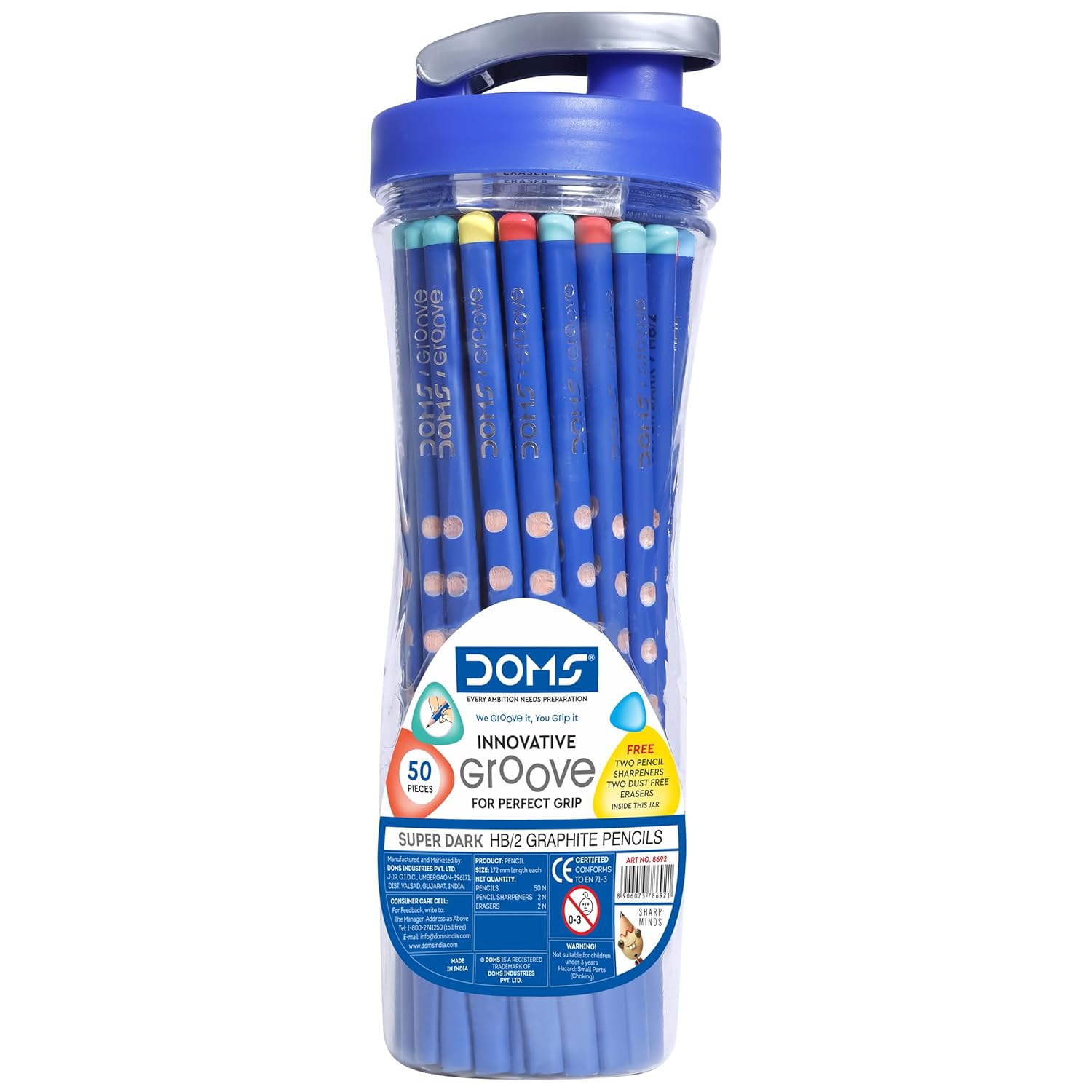 Doms Groove Super Dark HB/2 Graphite Pencils Jar Pack 50 pcs with Innovative Groove Grip for Sketching Drawing School