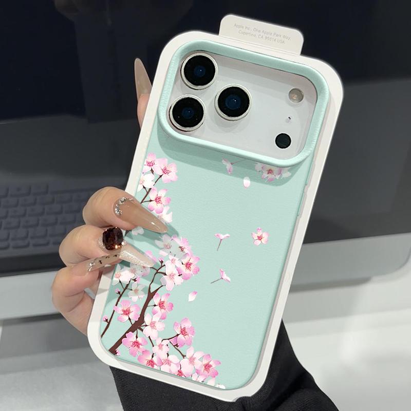 Pink Peach Blossoms Floral Pattern Case For iPhone 17 Pro Max Funda iPhone 16 Pro Max 15 14 13 12 11 Air 16E Leather Texture Silicone Cover