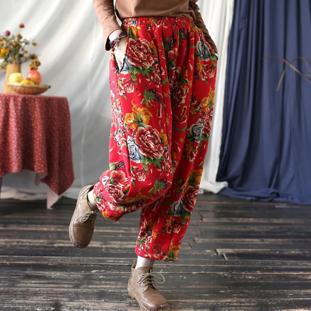 Johnature Dámské teplé kalhoty Vintage Plus s elastickým pasem Zimní kalhoty Červené květinové kalhoty v čínském stylu