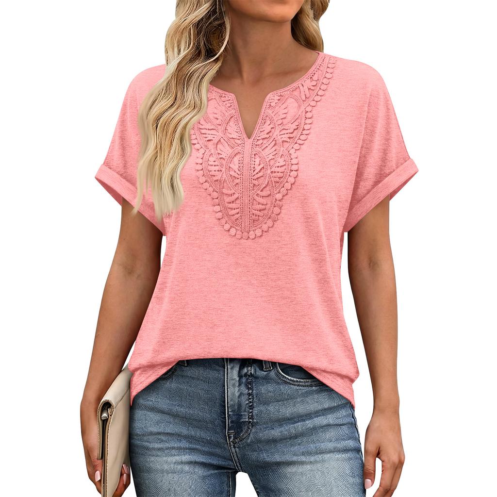 Women V Neck Short Sleeve Top with Embroidered Front Casual Loose Fit Bohemian Style Lightweight Summer Shirt Blouse