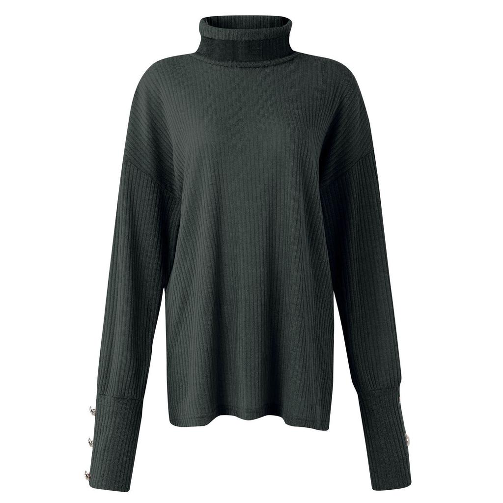 Women's Turtleneck Top Loose Pullover Button Up Long Sleeve Color Knit Bottoming Shirt