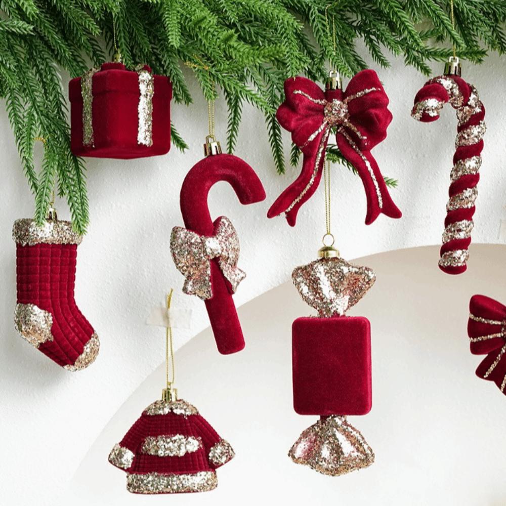 2PCS Wine Red Color Christmas Ornament Flocked Surface Xmas Decor Hanging Pendant Holiday Party