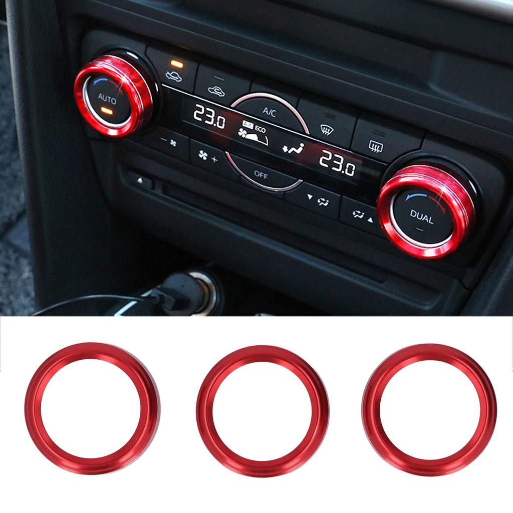 3pcs AC Switch Knob Ring KIMISS Aluminum Alloy Air Conditioner Switch Cover Trim Red Center Console Interior Accessories for Mazda 3 6 Axela CX-5