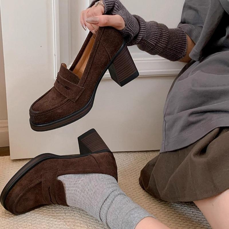 Scarpe décolleté da donna in finta pelle scamosciata marrone retrò, moda, punta tonda, tacco grosso, plateau, mocassini, eleganti, per commuting, scarpe da ufficio Zapatos De Mujer