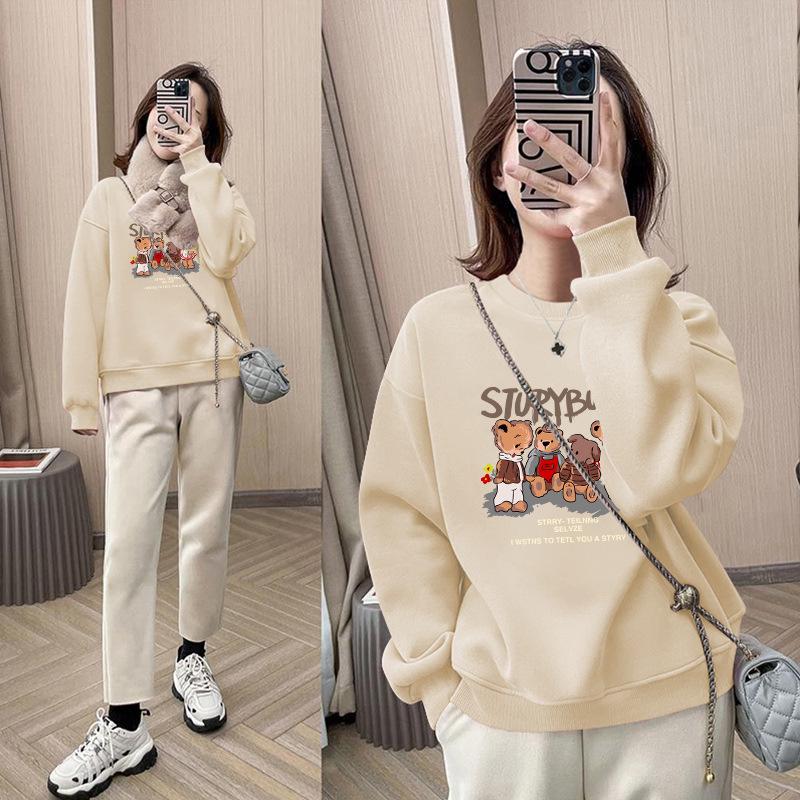 Round Neck Women's Sweatshirt - Petite, Loose, Drop Shoulder, Fleece Lined, Thickened, Spring/Autumn Style, Unisex Pullover, 2025 Collection