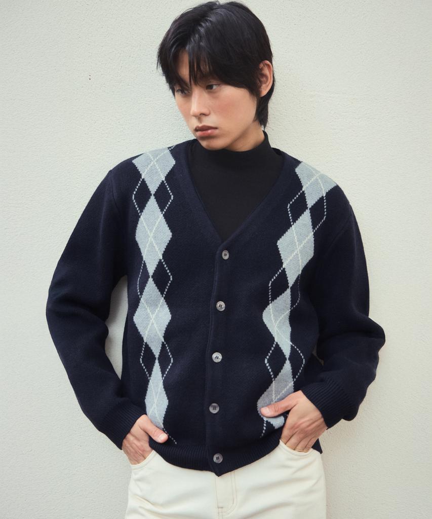 Wednesday Oasis Classic Argyle V-Neck Knit Cardigan_Navy(Wc25-Kn64)