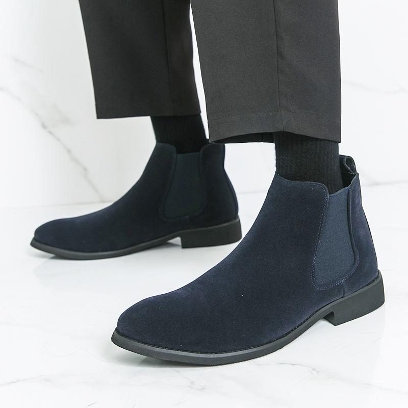 Men's Pointed Suede Leather Casual Chelsea Ankle Boot Luxury Designer Winter Trend Black Blue High Tops Shoes Zapatos Hombre