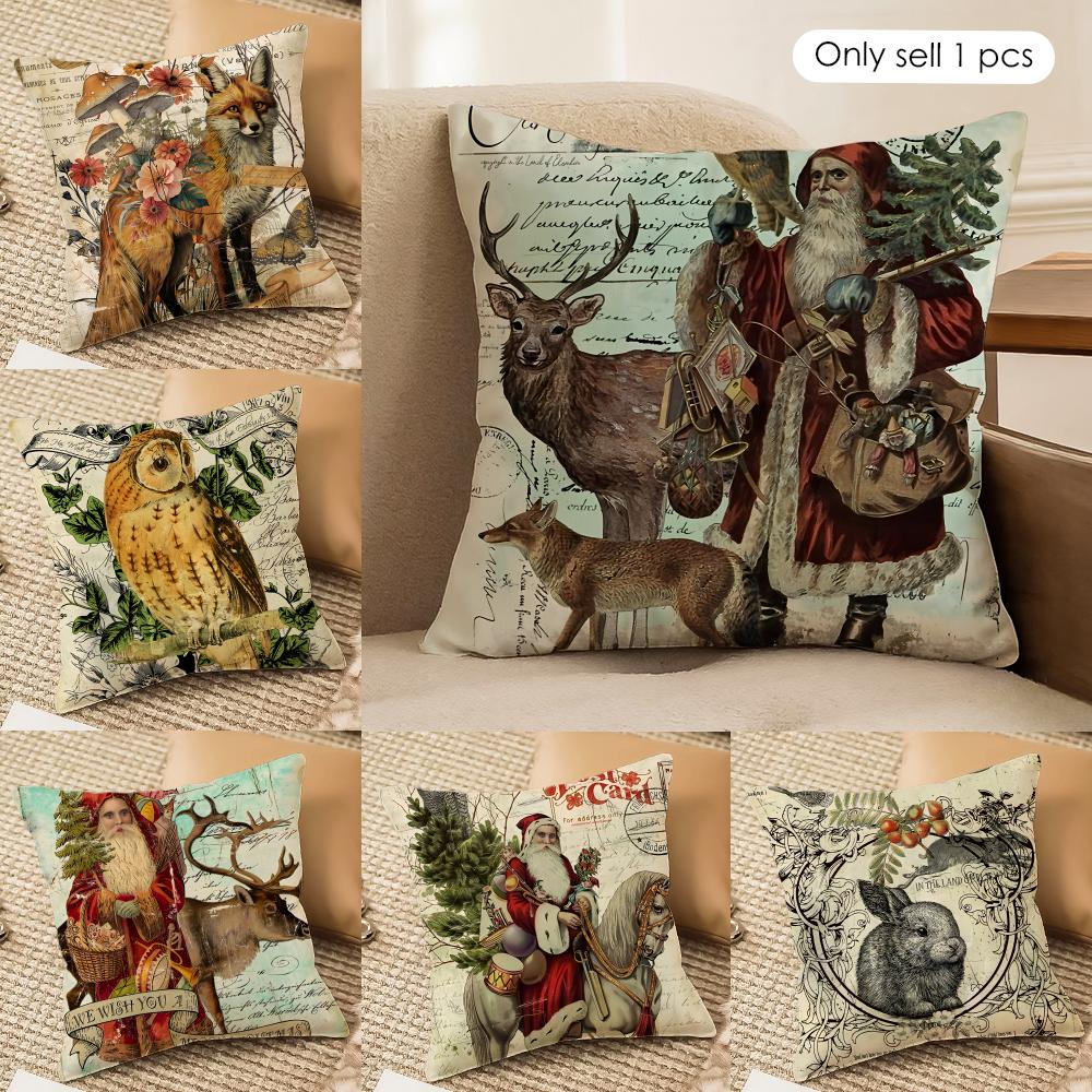 Retro Animal Christmas Cushion Cover Silky Short Plush Invisible Zipper Dustproof Sofa Pillow Case For Home Decor
