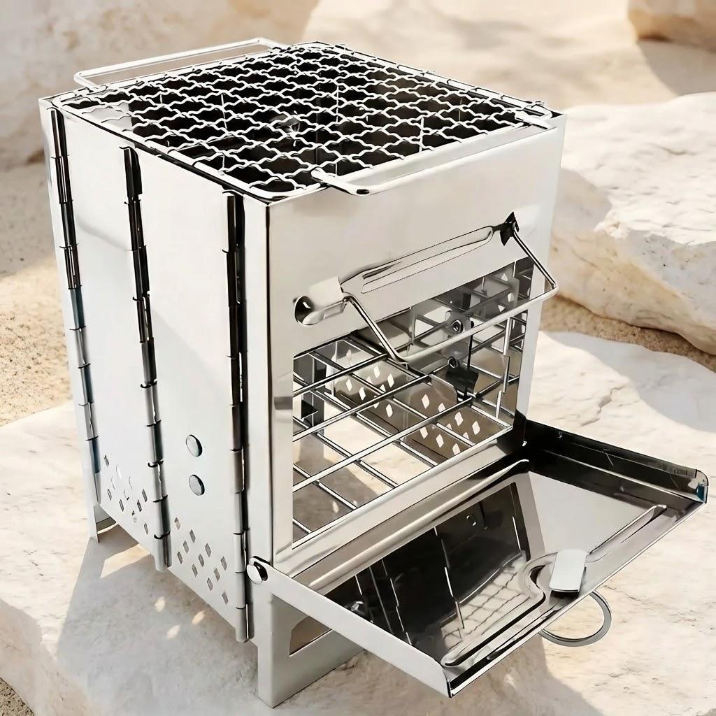 

Portable Mini Grill Square Wood Stove BBQ for Camping Picnic Folding Outdoor Stove Essential Kitchen Accessories Barbecue серебряный