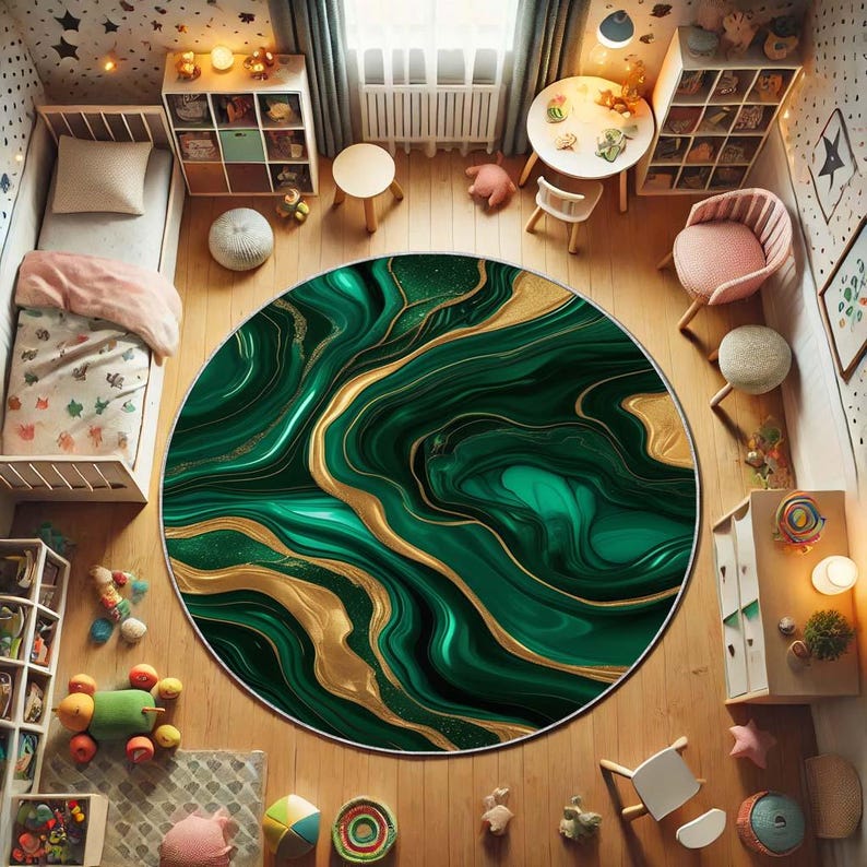 

Emerald Moss Round Rug, Nature Green Boho Mat for Zen Home, Botanical Decor Gift with Earthy Non-Slip Design, Circle Carpet Idea Diameter 100cm