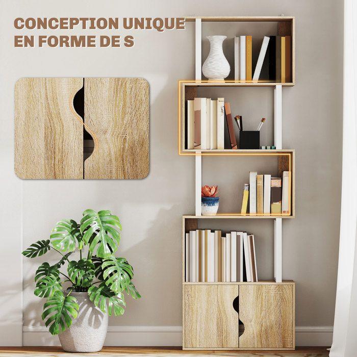 Bookshelf - HOMCOM - 5 Levels - Shelves and Double Door Cabinet - Particleboard - 60 X 23.8 X 179.2 Cm - Natural Wood