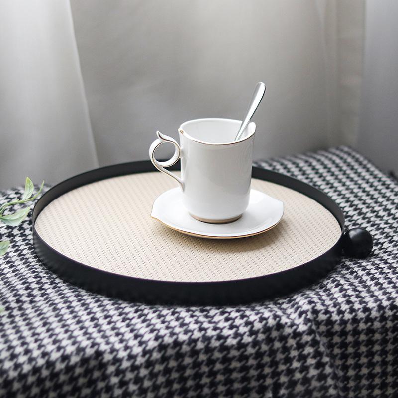 Light Luxury Leather Round Tray Model Room Decoration Living Room Coffee Table Dining Room Single Dot Retro Storage Tray Ornaments