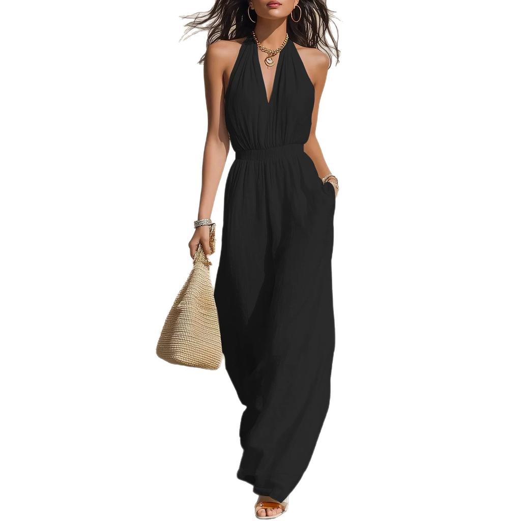 Women Halter Neck Sleeveless Wide Leg Jumpsuit Solid Color Casual Loose Fit Playsuit
