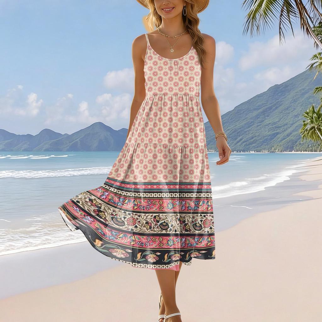 Women’s Sleeveless Floral Print Midi Dress with Adjustable Spaghetti Straps and Bohemian Patterned Hem for Summer Wear