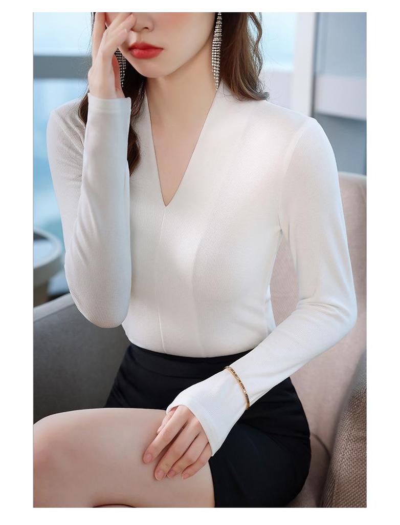 Women's Black V-neck Faux Cashmere Base Layer Top - Elegant, Slimming Autumn Outerwear for Small Suits