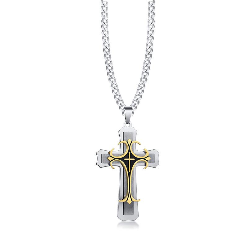 Stylish Men's Cross Necklaces, Waterproof Stainless Steel Catholicism Cross Pendant Collar, Prayer Religious Faith Jewelry