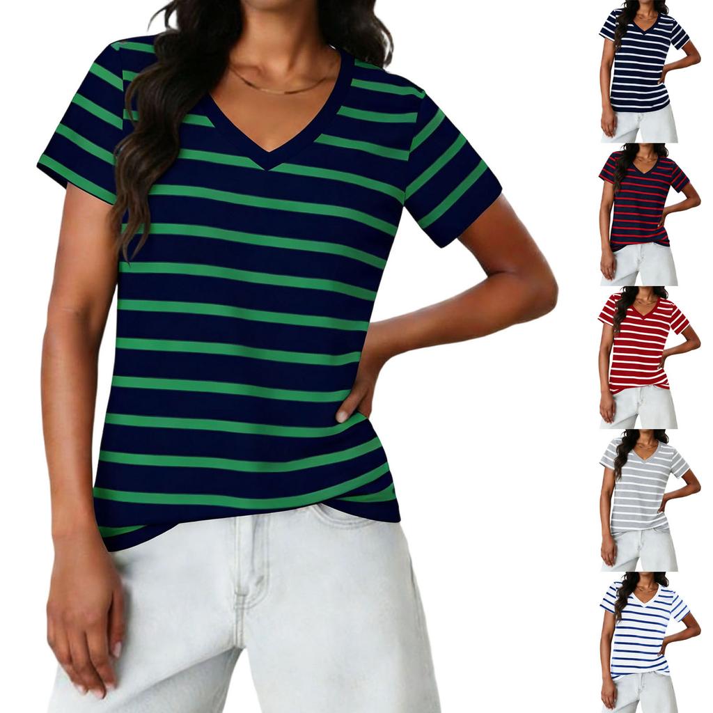 Ladies' Casual Fashion Striped Printed Short Sleeved Shirt