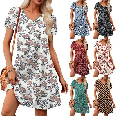 Women's Petal Short Sleeve V Neck Loose Flower  Print Swing Sundress With Pockets