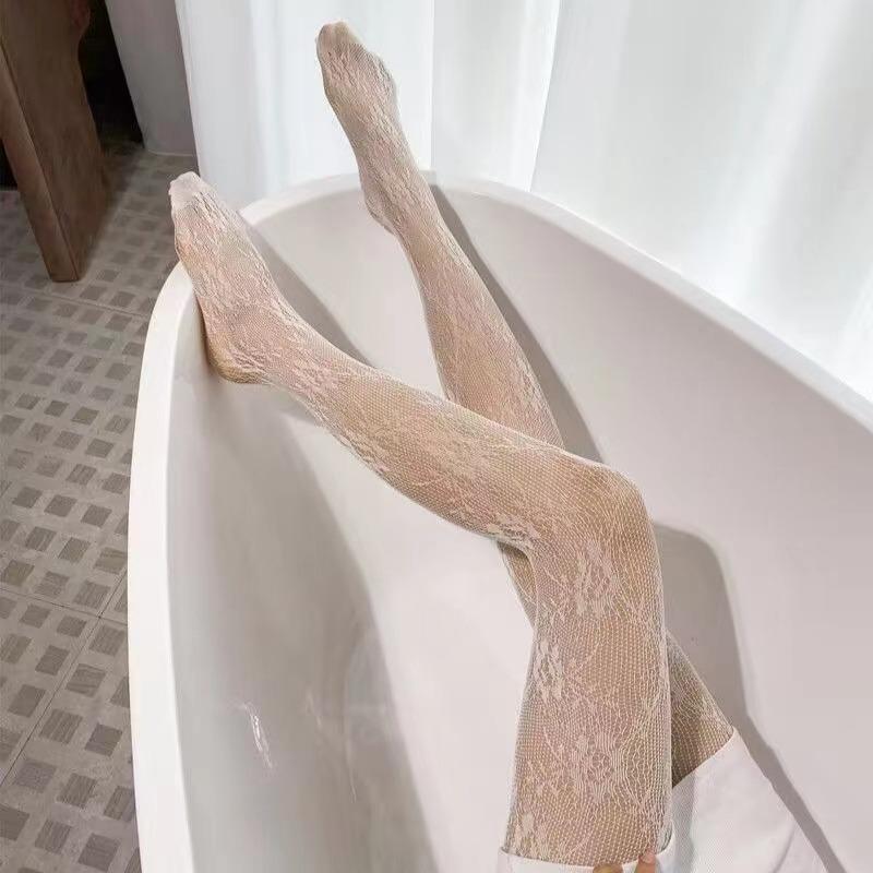 White and Black Hollowed Out Lace Mesh Pantyhose Floral Rattan Bottomed Stockings
