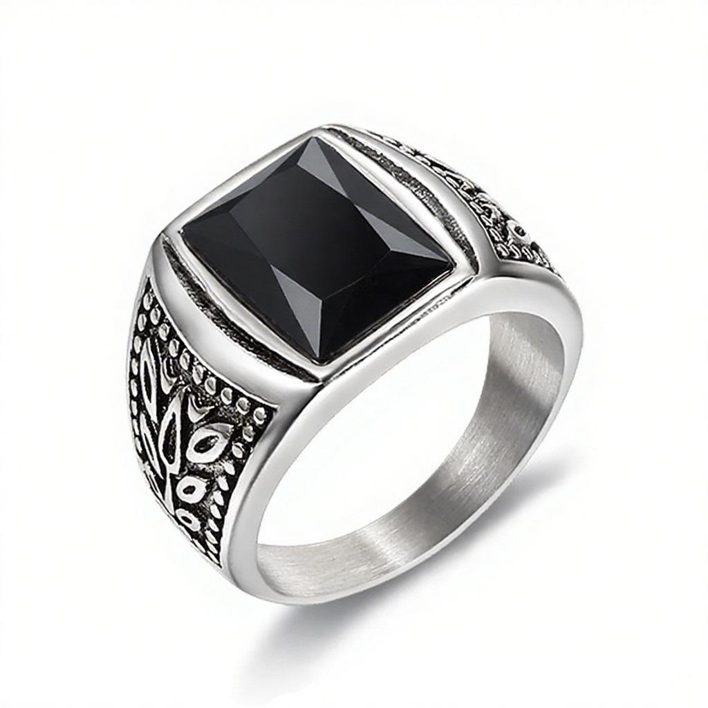 Personalized Simple Ring, Tulip Ruby And Black Gemstone Jewelry, Stainless Steel Men'S Gemstone Ring.