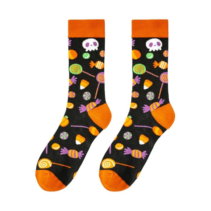 Halloween Themed Cotton Socks Elastic Cuffs Breathable Fabric Practical Wear Festive Ghosty Pumpkin Patterns